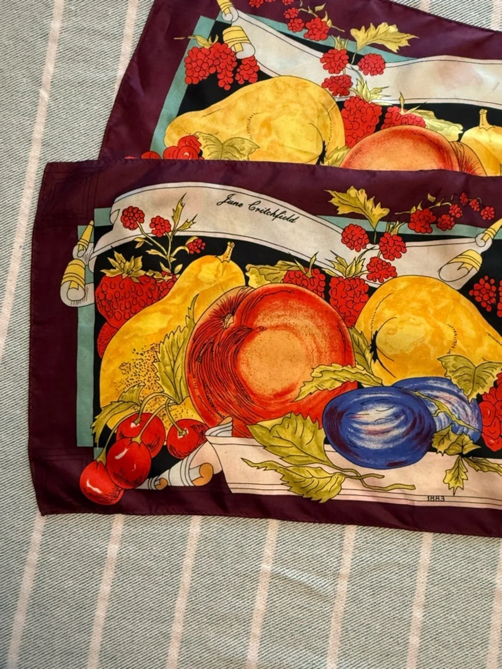VTG June Critchfield silk scarf, fruit print, Heinz's Apple Butter 1989 drawing